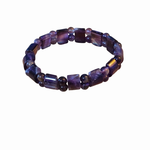 Source Unknown Jewelry - Amethyst Stretch Bracelet Beautiful Purple Stones 7" Rectangular & Round Shape